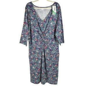 Lands' End Cottagecore Floral Fit & Flare Dress Plus Sz 1X Blue 3/4 Sleeve NEW